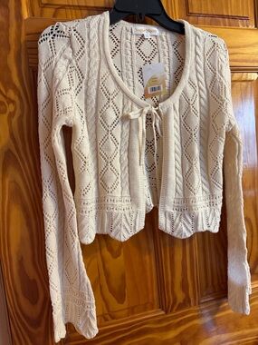 Sugar Cream Open-Knit Tie-Front Crop Sweater